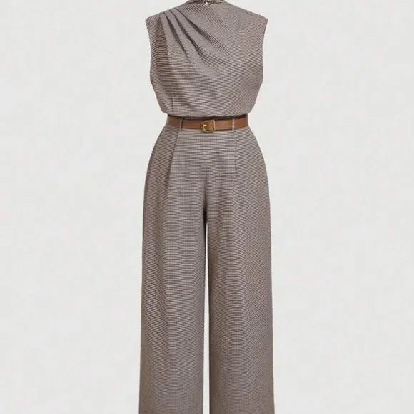 Effortless Elegance: Women's Brown Plaid Belted Jumpsuit - Picture 1 of 10